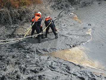 Slurry clean up mine men in ppe